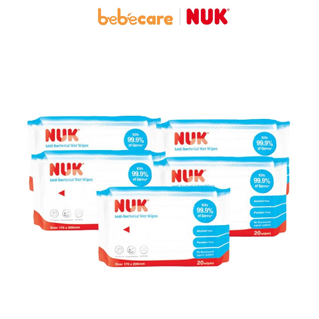 NUK (1080)-Khăn Ướt Diệt Khuẩn NUK Không Chứa Cồn (20 Tờ x 5 Gói)